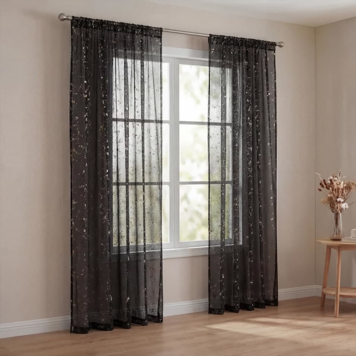Horaldaily 2Pcs Black Sheer Curtains 52x84in, Silver Sequin, Halloween thumbnail 5