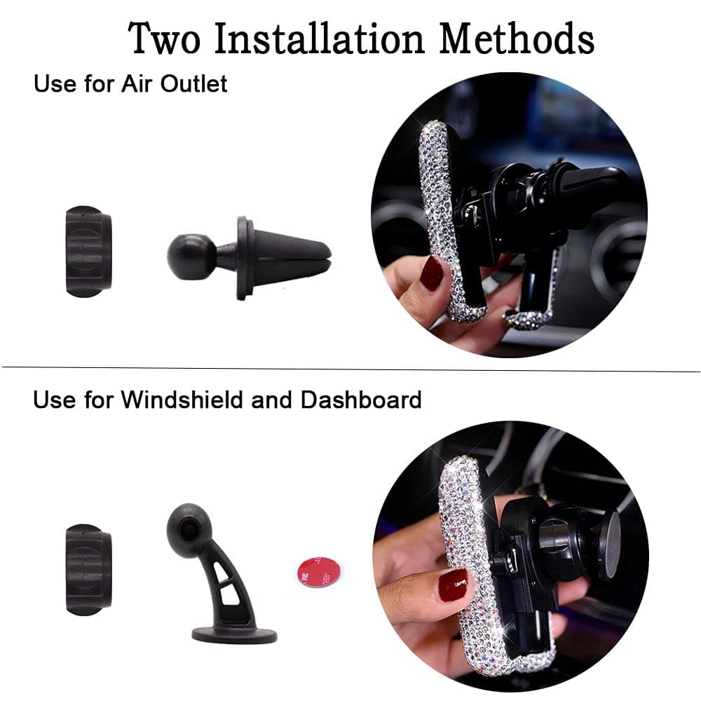 SUNCARACCL Bling Car Phone Holder Mini Dash Air Vent Automatic Mount Universal 360°Adjustable Crystal Auto Stand Accessories for Women and Girls (Black) thumbnail 5