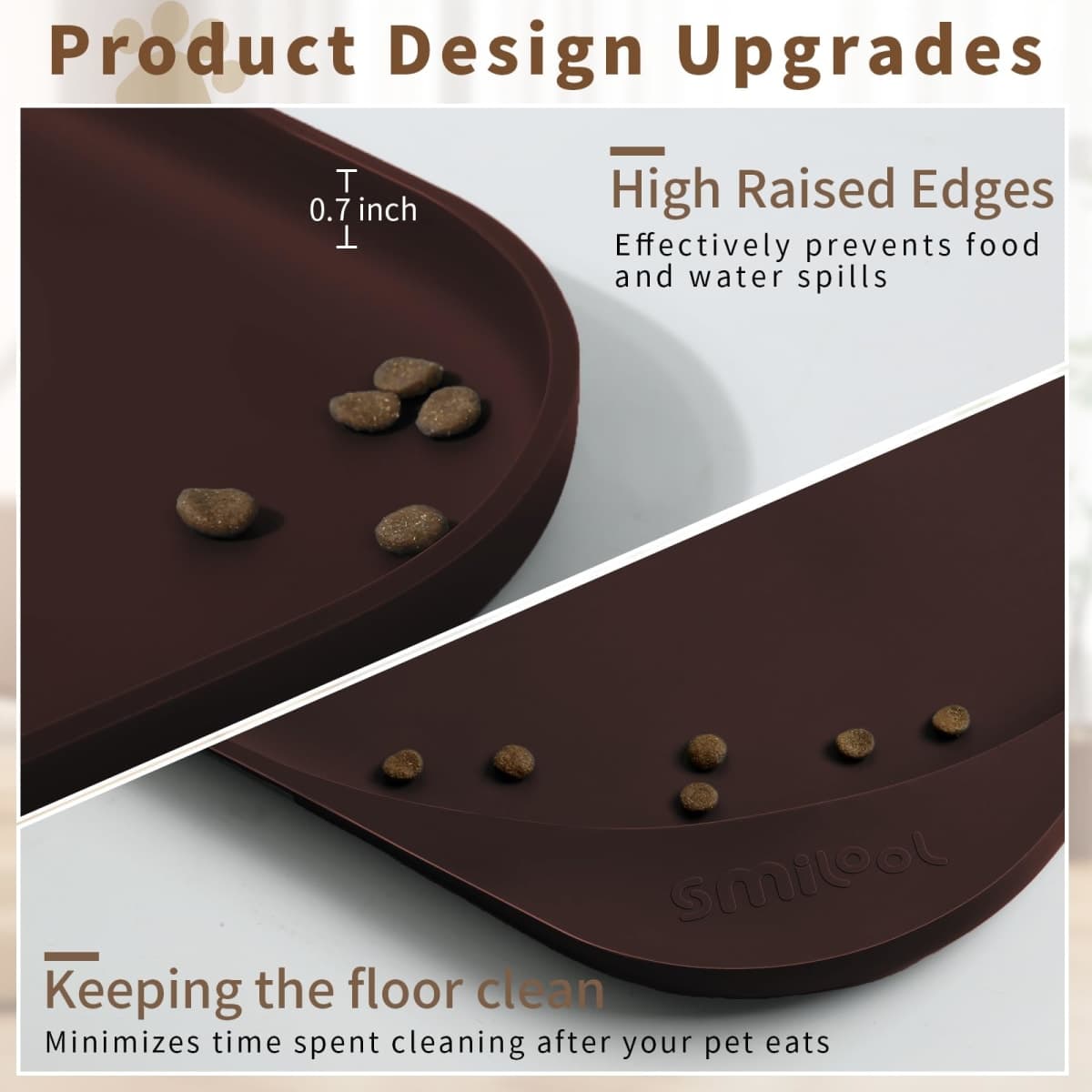 Smilool Silicone Pet Food Mat with Raised Edge for Food and Water Bowl, Dog Feeding Mats, Cat Food Trays for Floor Waterproof, Rubber Tray for Dogs and Cats, 19 x 12 x 0.7 Dark Brown thumbnail 2