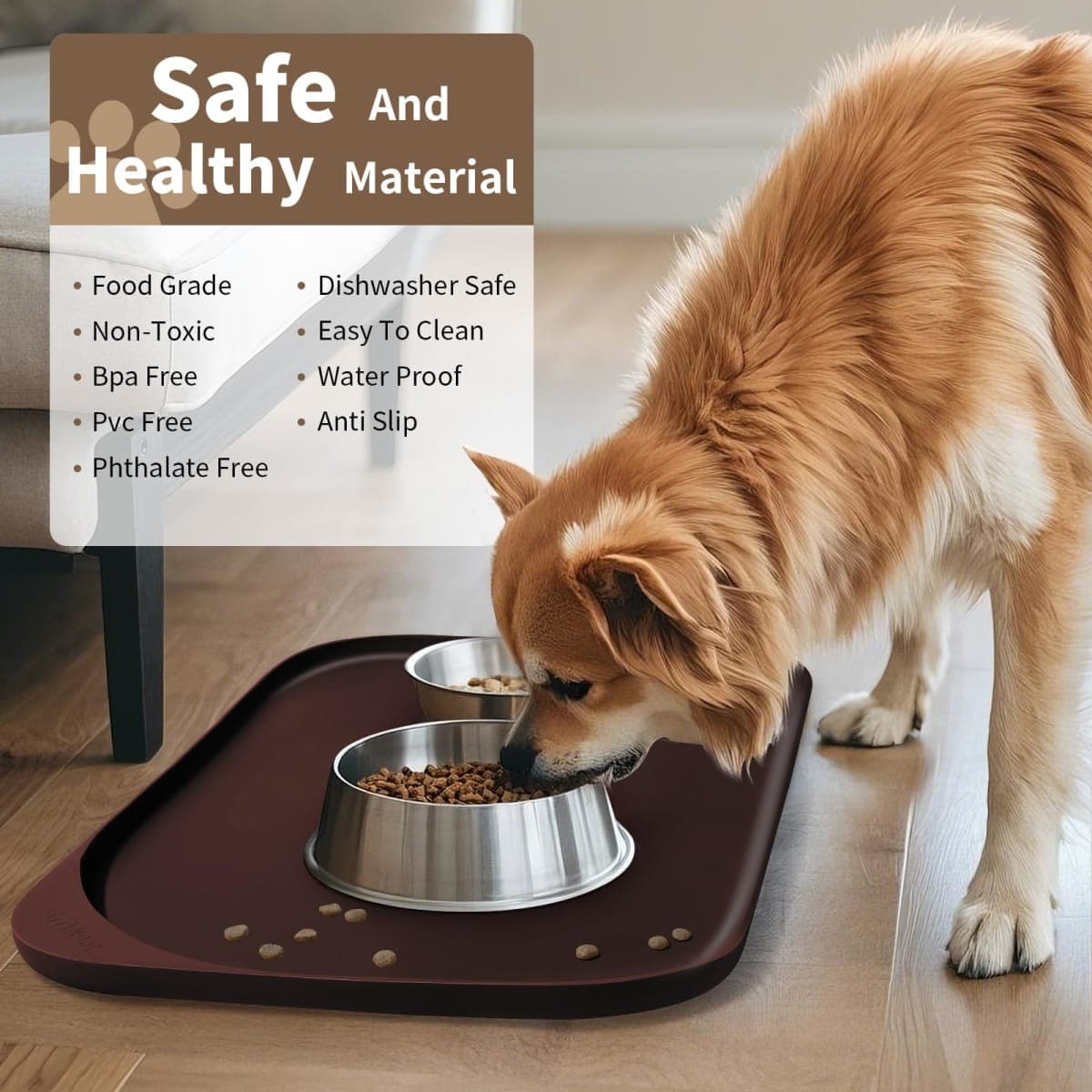 Smilool Silicone Pet Food Mat with Raised Edge for Food and Water Bowl, Dog Feeding Mats, Cat Food Trays for Floor Waterproof, Rubber Tray for Dogs and Cats, 19 x 12 x 0.7 Dark Brown thumbnail 4