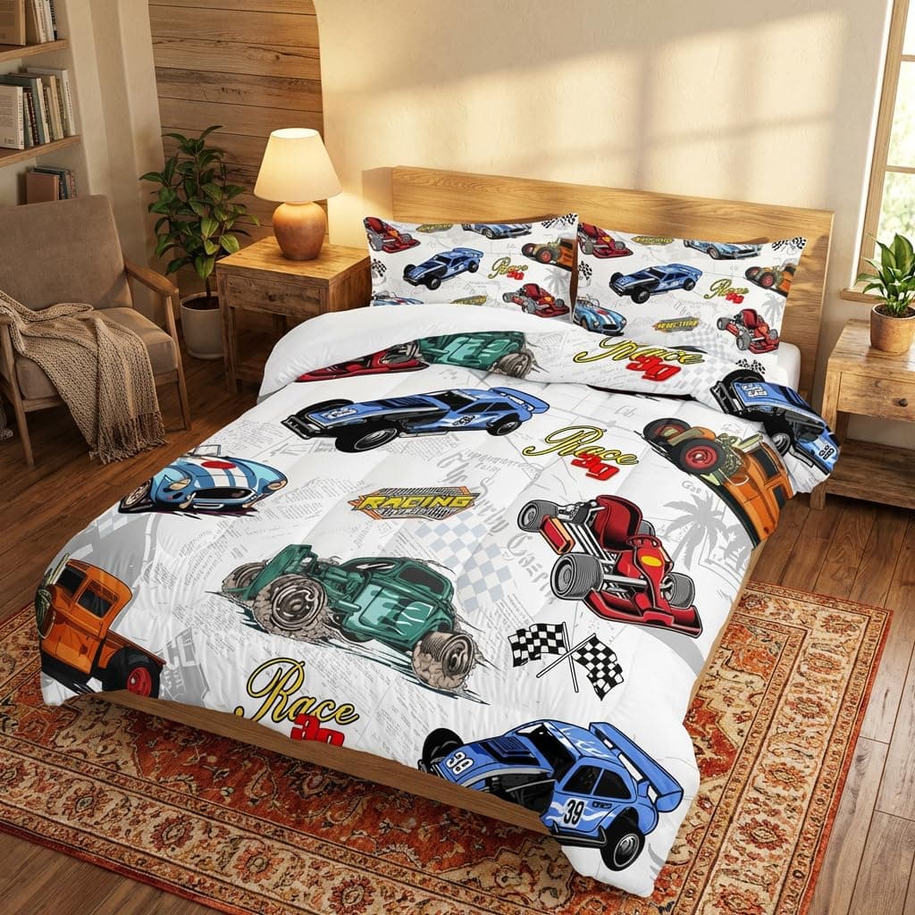 AILONEN Colorful Racing Car Comforter Set Twin Size, Cool Sports Bedding for Kids Boys, Competition Bed in a Bag, Extreme Sports Duvet Set, 1 Quilt 2 Pillowcases, 3 Pcs thumbnail 2