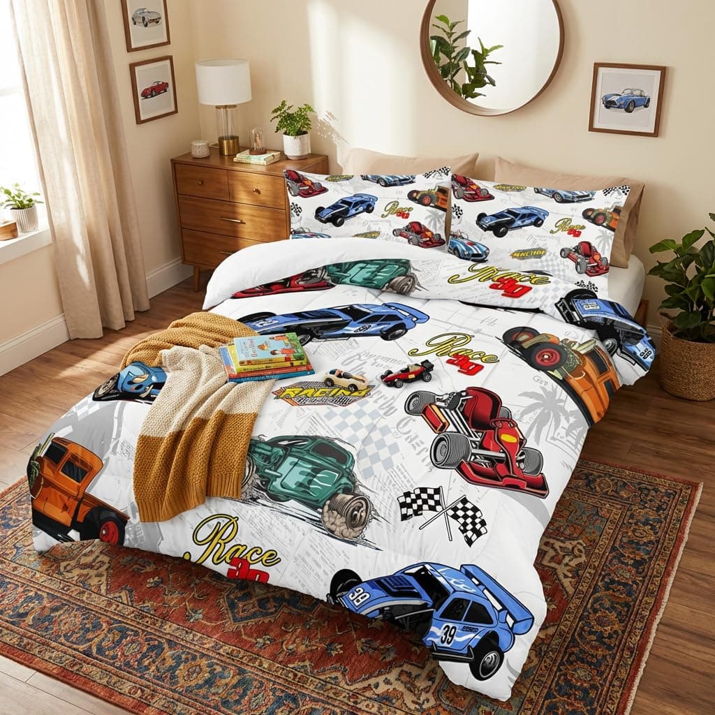 AILONEN Colorful Racing Car Comforter Set Twin Size, Cool Sports Bedding for Kids Boys, Competition Bed in a Bag, Extreme Sports Duvet Set, 1 Quilt 2 Pillowcases, 3 Pcs thumbnail 4