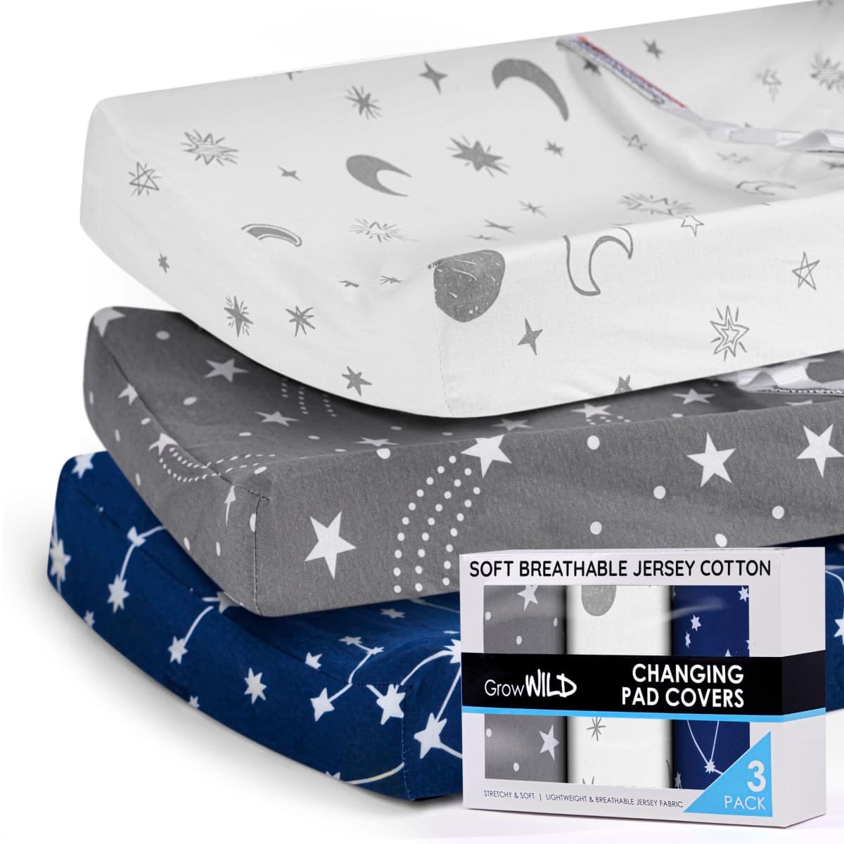 GROW WILD Changing Pad Cover 3 Pack | Soft & Stretchy Jersey Cotton | Baby Changing Table Pad Cover | Diaper Changing Pad Covers for Girls or Boys | Wipeable Sheets | Grey White Navy Blue Stars Moons — image 1