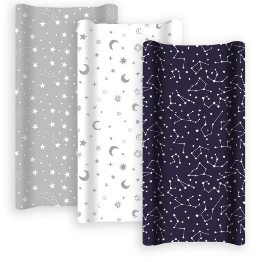 GROW WILD Changing Pad Cover 3 Pack | Soft & Stretchy Jersey Cotton | Baby Changing Table Pad Cover | Diaper Changing Pad Covers for Girls or Boys | Wipeable Sheets | Grey White Navy Blue Stars Moons thumbnail 2