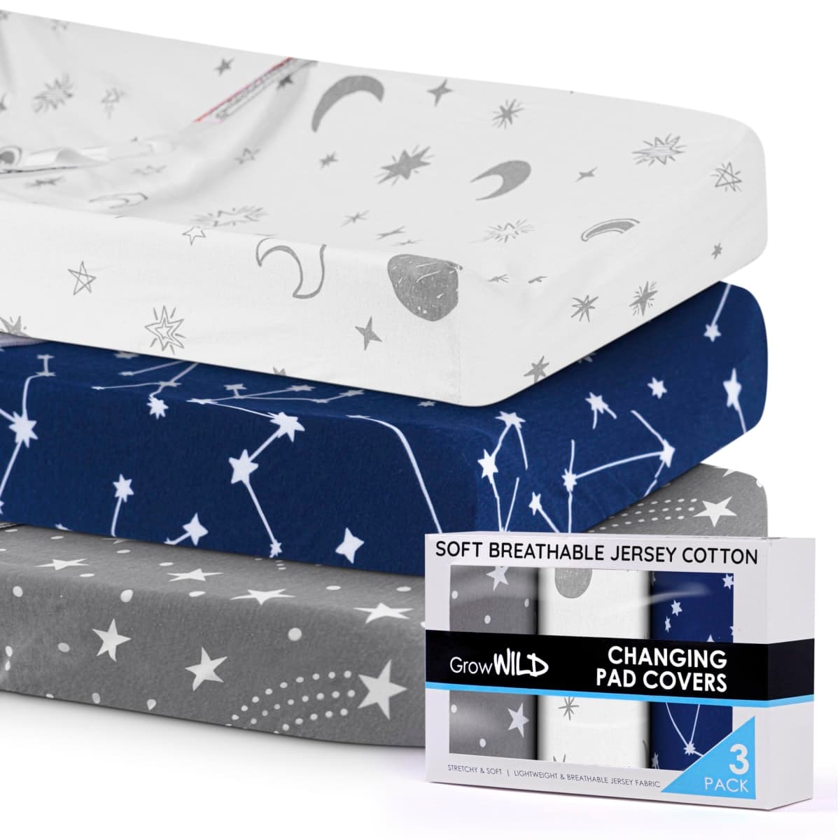 GROW WILD Changing Pad Cover 3 Pack | Soft & Stretchy Jersey Cotton | Baby Changing Table Pad Cover | Diaper Changing Pad Covers for Girls or Boys | Wipeable Sheets | Grey White Navy Blue Stars Moons thumbnail 3