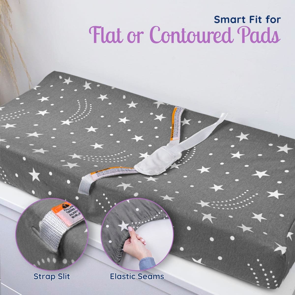 GROW WILD Changing Pad Cover 3 Pack | Soft & Stretchy Jersey Cotton | Baby Changing Table Pad Cover | Diaper Changing Pad Covers for Girls or Boys | Wipeable Sheets | Grey White Navy Blue Stars Moons thumbnail 4