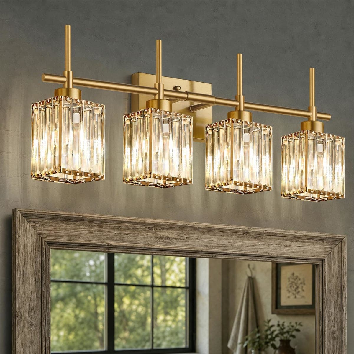 Torondo Modern Crystal Bathroom Vanity Light 4-Lights Brushed Gold Bathroom Light Fixtures Over Mirror Brushed Gold Vanity Lighting Fixtures Square Shade Brass Wall Sconce (Bulbs Not Include) — image 1