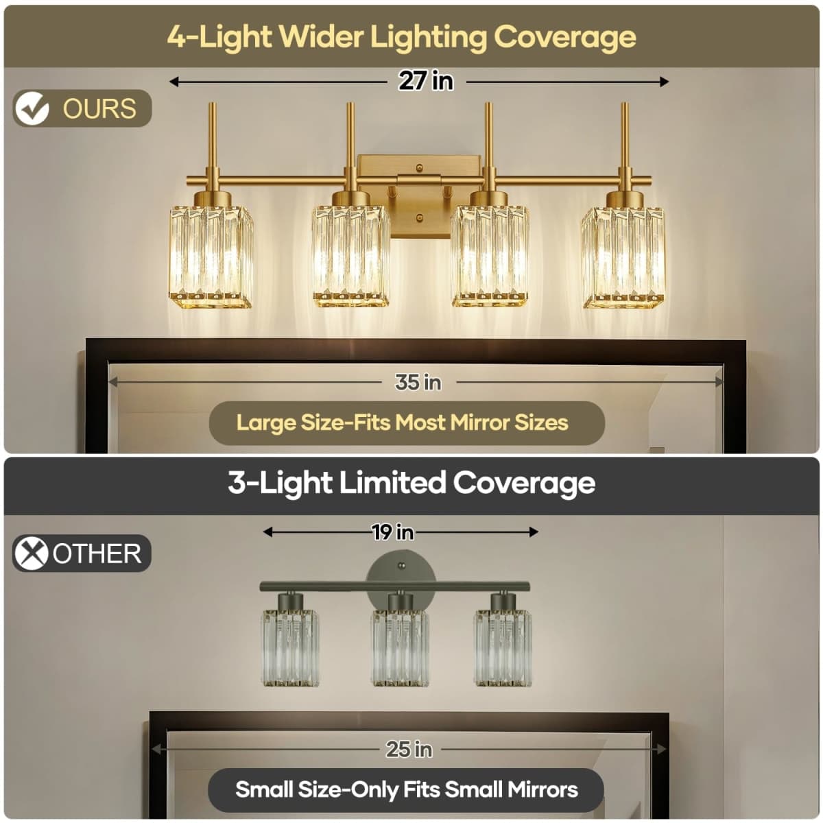 Torondo Modern Crystal Bathroom Vanity Light 4-Lights Brushed Gold Bathroom Light Fixtures Over Mirror Brushed Gold Vanity Lighting Fixtures Square Shade Brass Wall Sconce (Bulbs Not Include) thumbnail 2