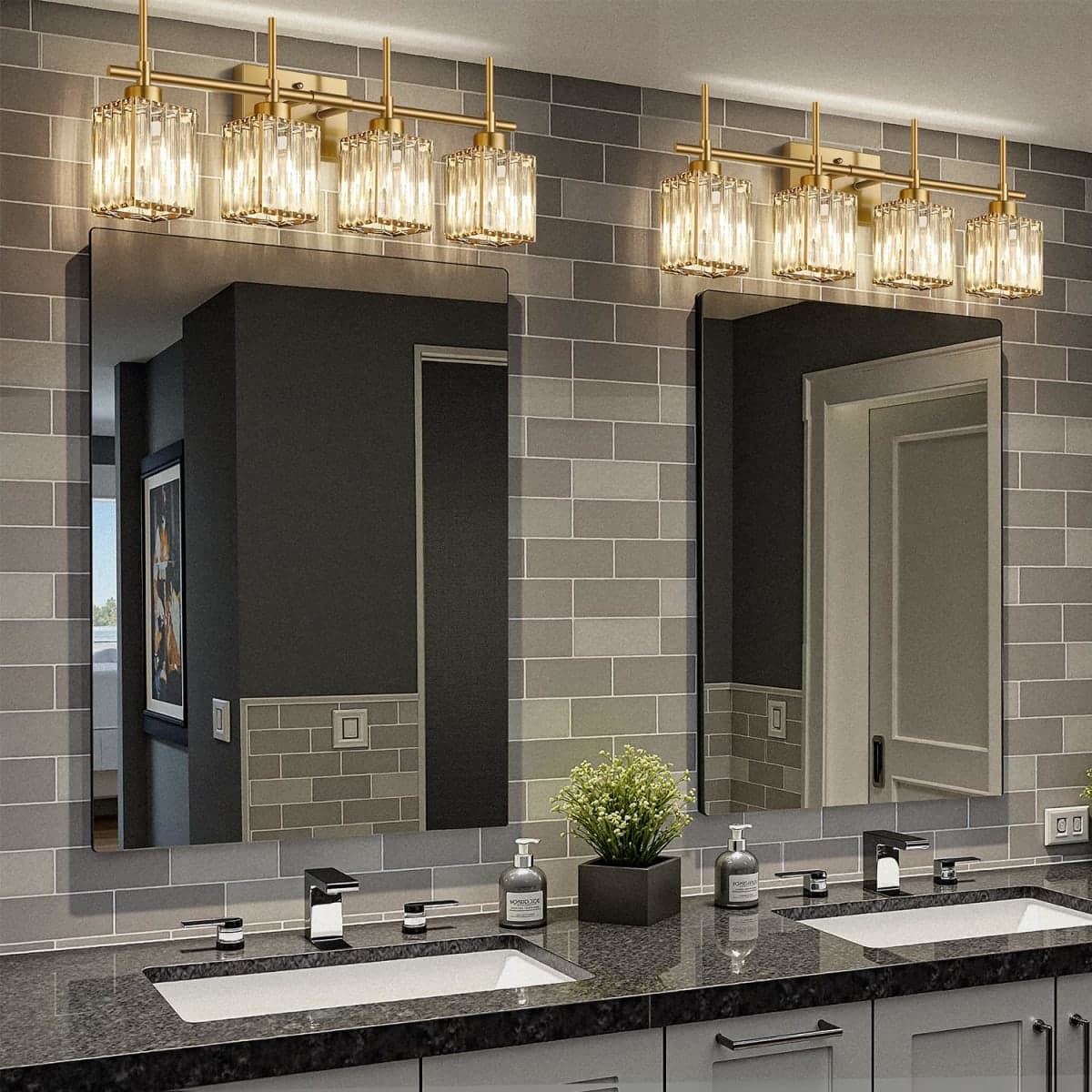Torondo Modern Crystal Bathroom Vanity Light 4-Lights Brushed Gold Bathroom Light Fixtures Over Mirror Brushed Gold Vanity Lighting Fixtures Square Shade Brass Wall Sconce (Bulbs Not Include) thumbnail 4