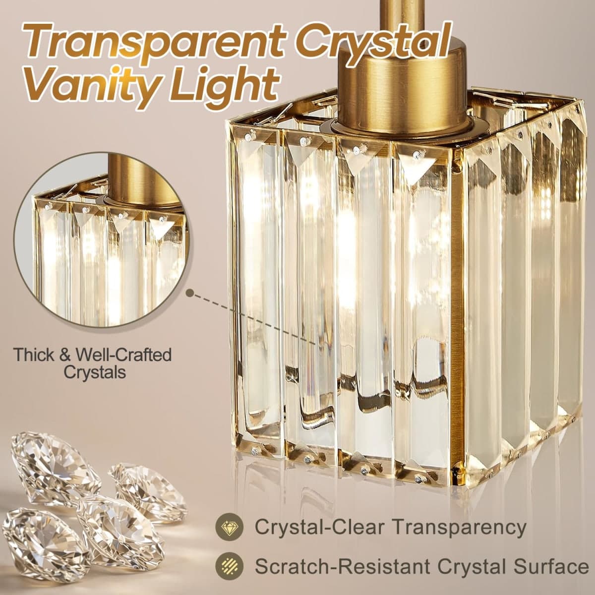 Torondo Modern Crystal Bathroom Vanity Light 4-Lights Brushed Gold Bathroom Light Fixtures Over Mirror Brushed Gold Vanity Lighting Fixtures Square Shade Brass Wall Sconce (Bulbs Not Include) thumbnail 5