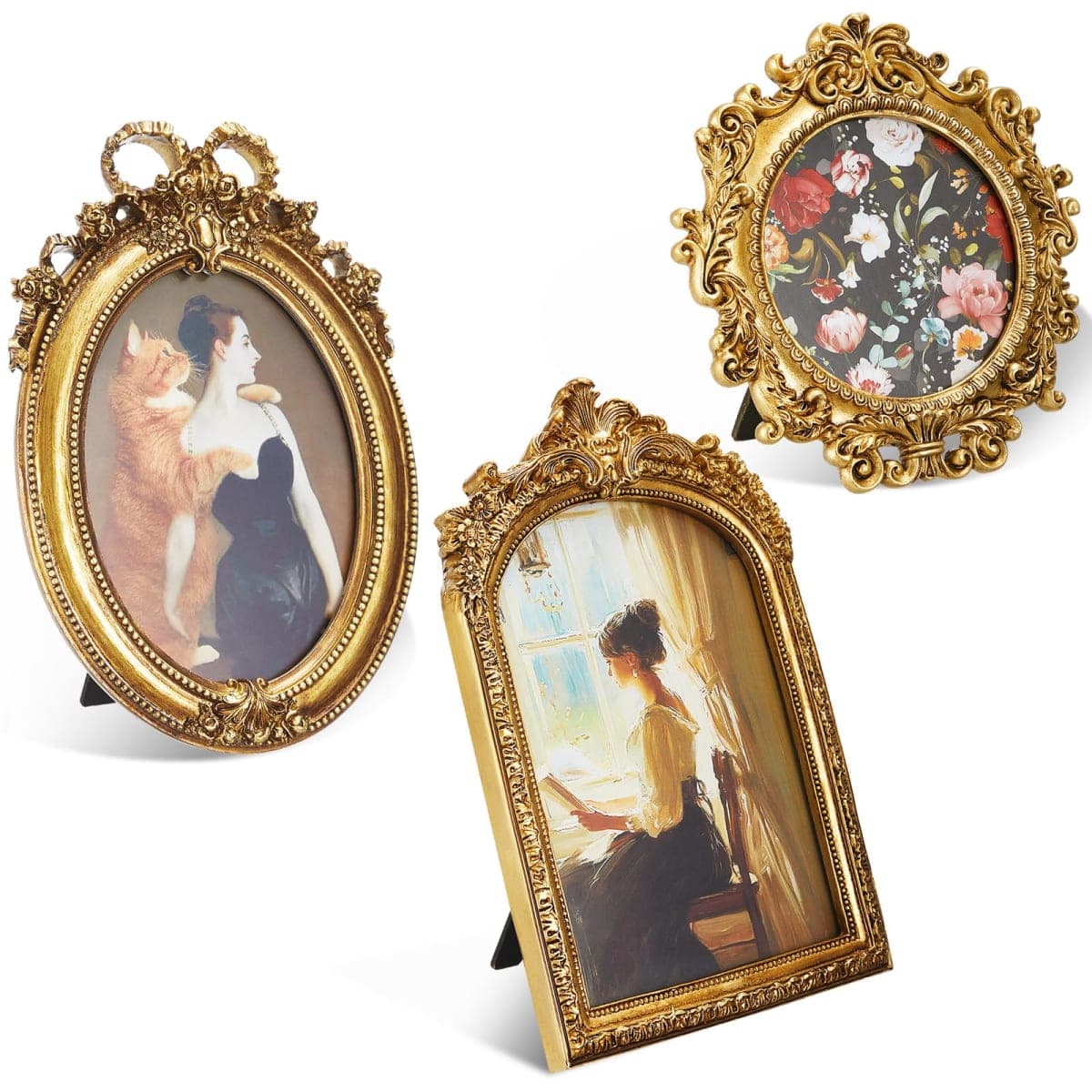 Thyle 3 Pcs Vintage Resin Picture Frame Gold Antique Photo Frame Set Victorian Art Wall Hanging Decor Ornate Table Top Jewelry Display Home Hotel Decoration(Classical) — image 1