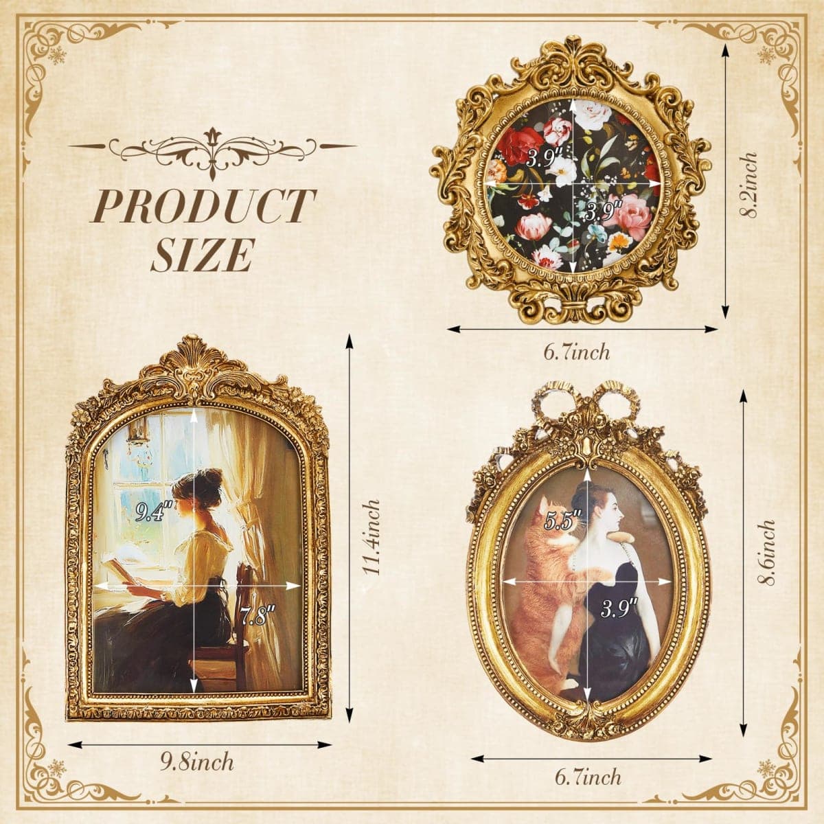 Thyle 3 Pcs Vintage Resin Picture Frame Gold Antique Photo Frame Set Victorian Art Wall Hanging Decor Ornate Table Top Jewelry Display Home Hotel Decoration(Classical) thumbnail 2