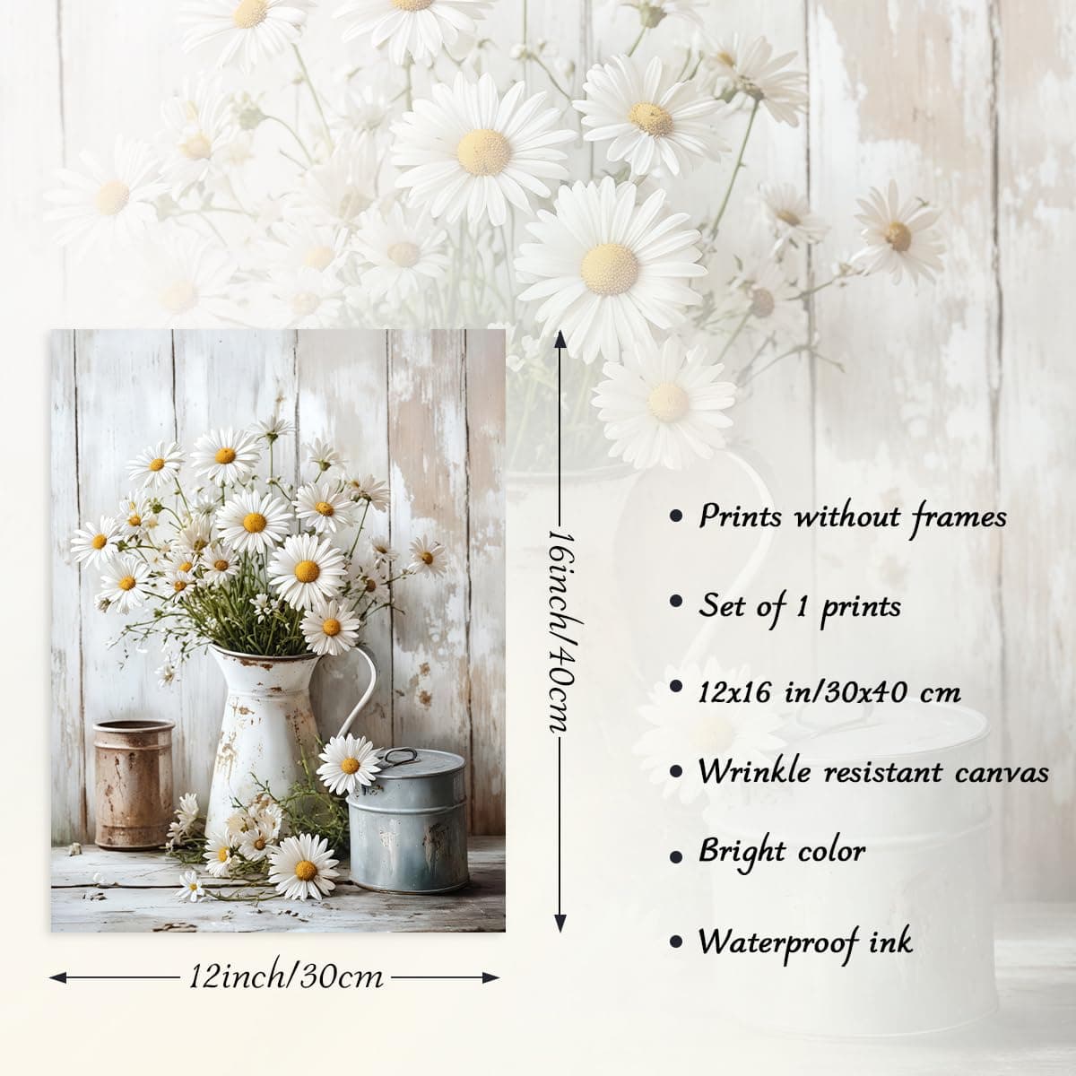 Dazzlewall Vintage Daisy Wall Art Poster, Rustic Farmhouse Flowers Picture Print Retro Country Daisy Floral Artwork Painting, 12x16 in Unframed thumbnail 5