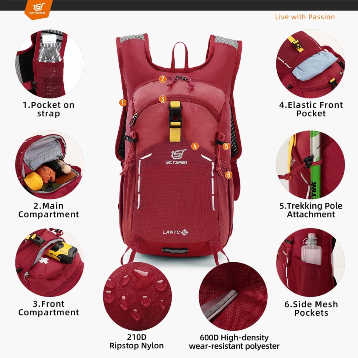 SKYSPER Small Hiking Backpack - 15L Travel Daypack Lightweight Bag Water Resistant Hiking Backpacks for Women Men, Lantc15-red, Small, Daypack Backpacks thumbnail 3
