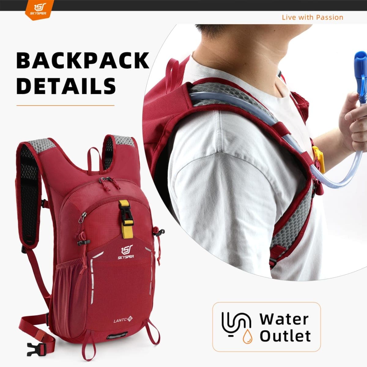SKYSPER Small Hiking Backpack - 15L Travel Daypack Lightweight Bag Water Resistant Hiking Backpacks for Women Men, Lantc15-red, Small, Daypack Backpacks thumbnail 5