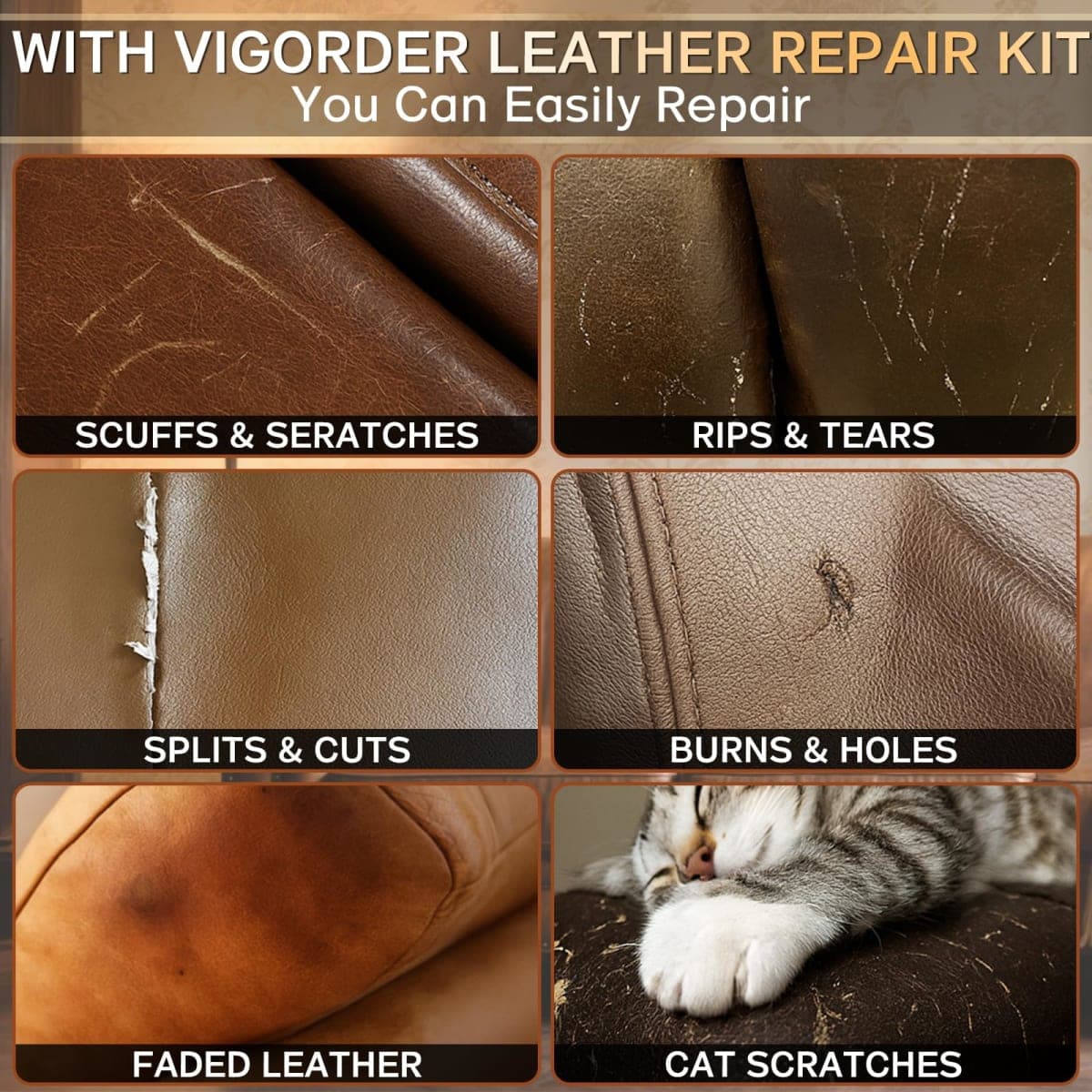 Brown Leather Repair Kit for Furniture, Leather Couch Repair Kit for Furniture, Sofa, Jacket, Purse – Super Easy Instructions to Fix Scratches, Tears, Holes, and Peeling thumbnail 3