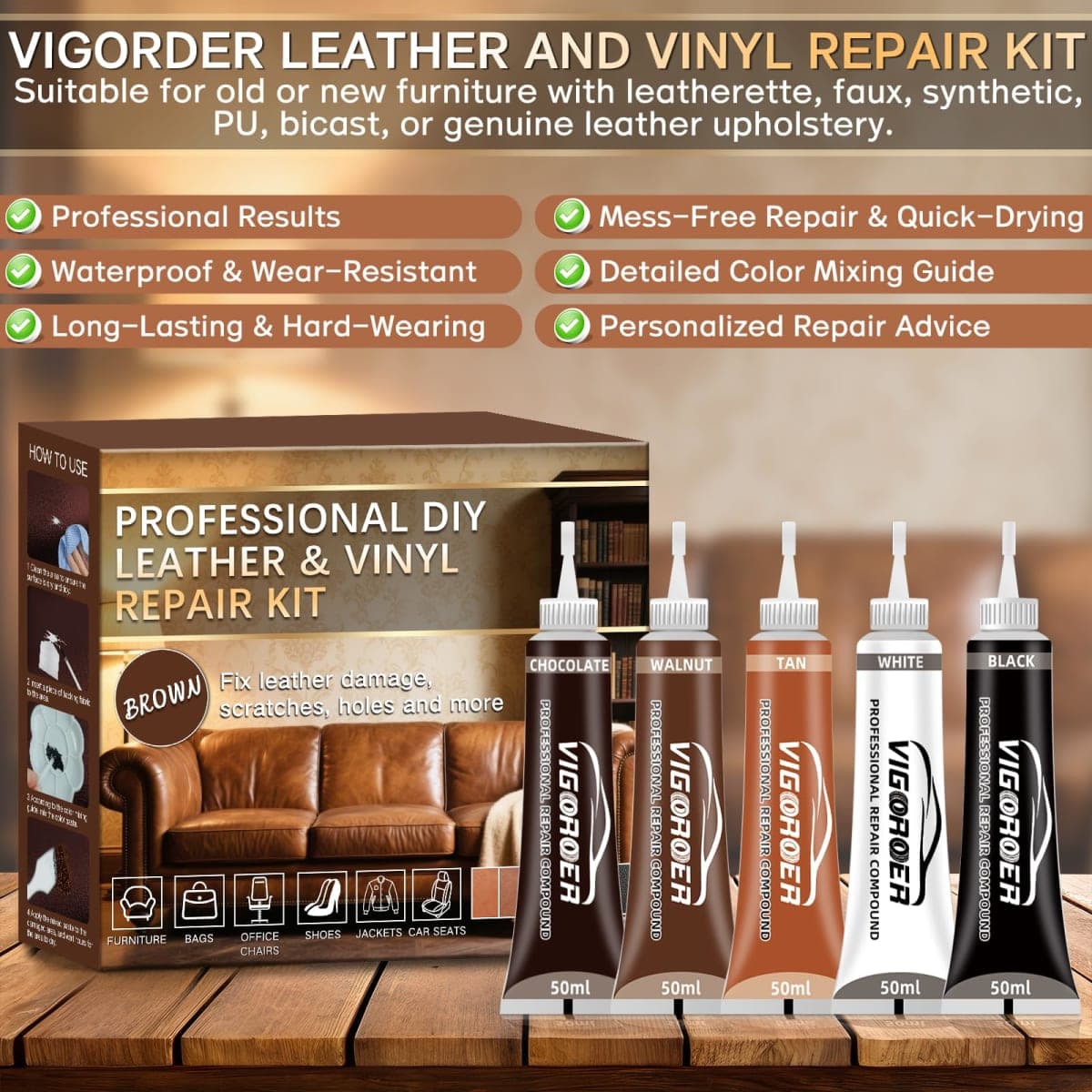 Brown Leather Repair Kit for Furniture, Leather Couch Repair Kit for Furniture, Sofa, Jacket, Purse – Super Easy Instructions to Fix Scratches, Tears, Holes, and Peeling thumbnail 4