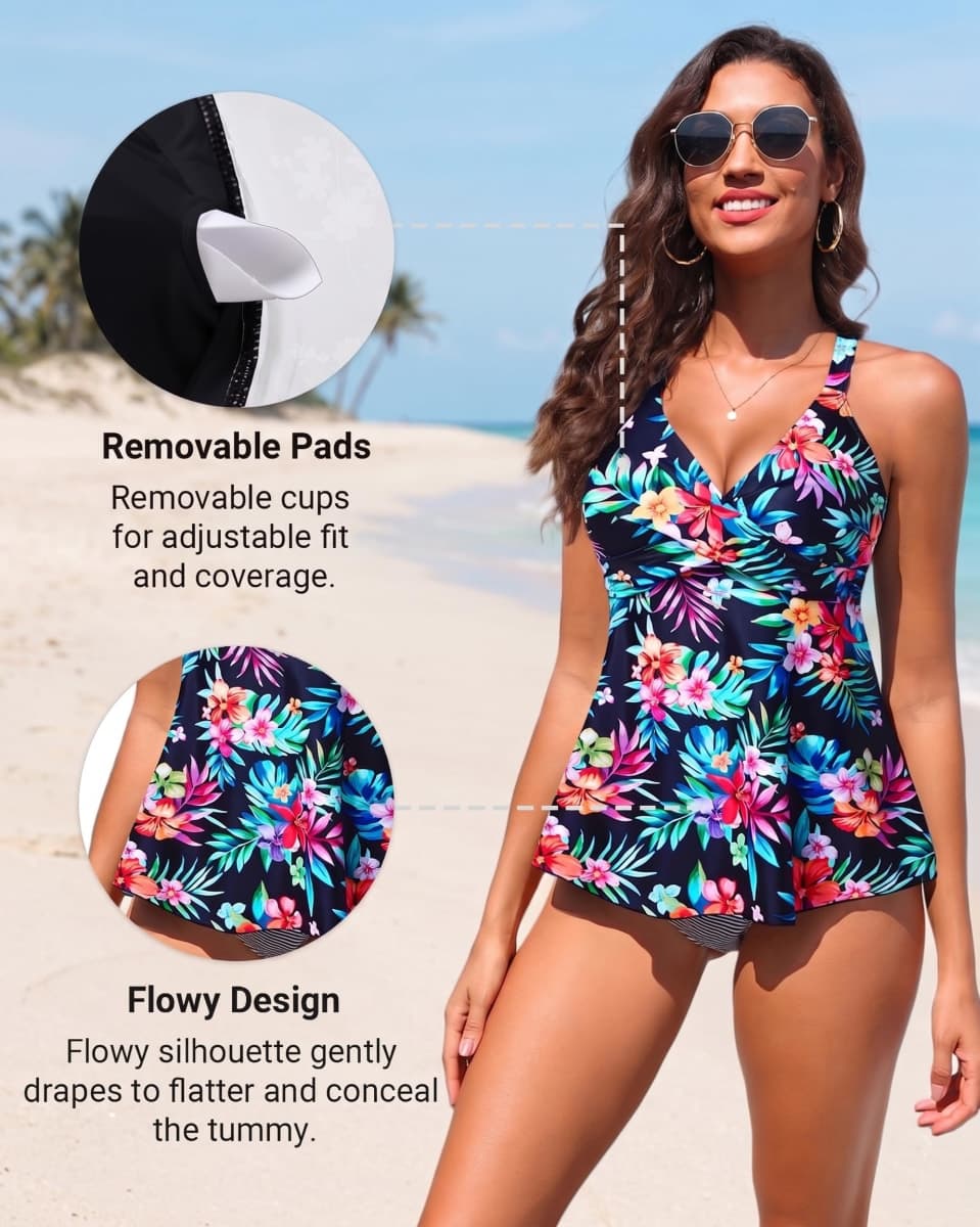 Underwire Tankini Top Only Flowy Push Up Twist Bathing Suit No Bottom, Colorful Floral, 22 Plus thumbnail 4
