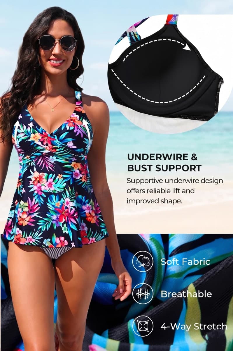 Underwire Tankini Top Only Flowy Push Up Twist Bathing Suit No Bottom, Colorful Floral, 22 Plus thumbnail 5