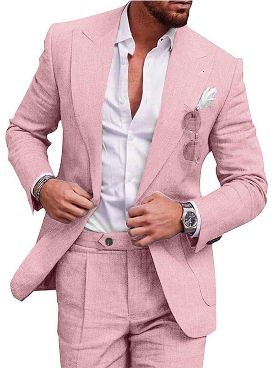 UNINUKOO Linen Suit for Men Summer Wedding 2 Piece Suit Set Peak Lapel Casual Blazer Pants Beach Wear for Men, Light Pink, Medium — image 1