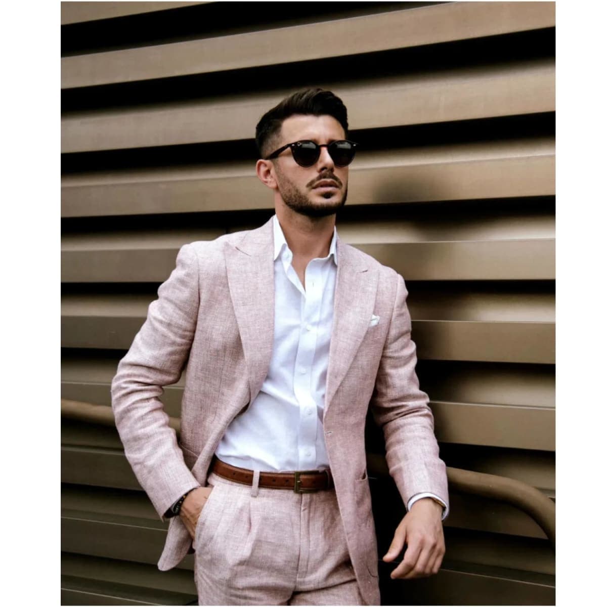 UNINUKOO Linen Suit for Men Summer Wedding 2 Piece Suit Set Peak Lapel Casual Blazer Pants Beach Wear for Men, Light Pink, Medium thumbnail 2