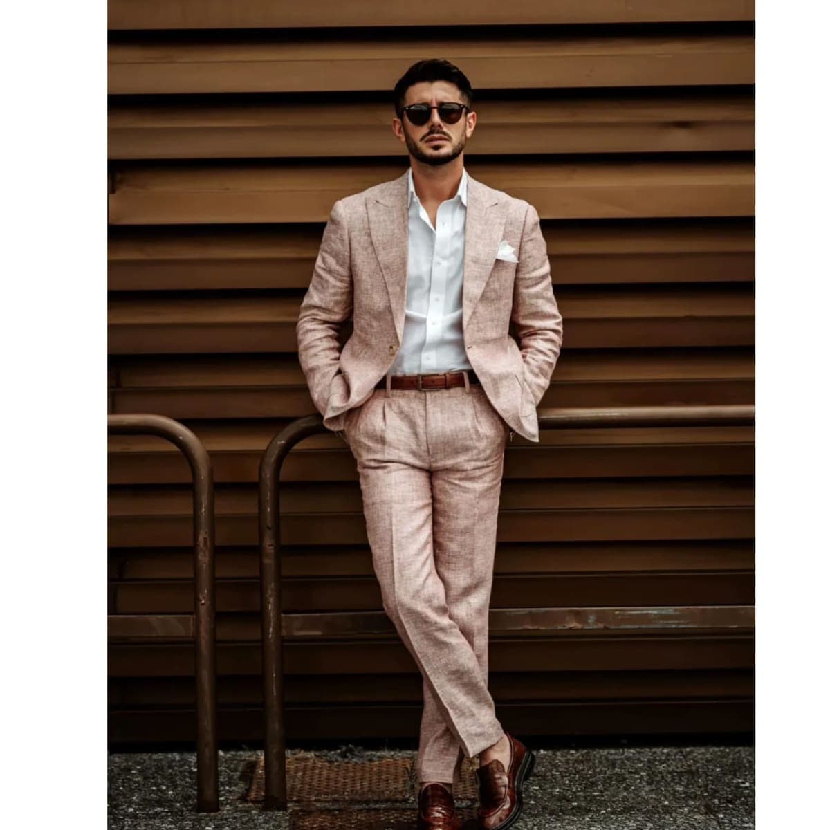 UNINUKOO Linen Suit for Men Summer Wedding 2 Piece Suit Set Peak Lapel Casual Blazer Pants Beach Wear for Men, Light Pink, Medium thumbnail 3