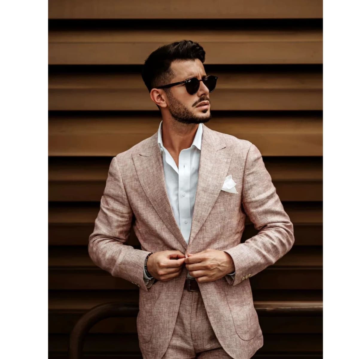 UNINUKOO Linen Suit for Men Summer Wedding 2 Piece Suit Set Peak Lapel Casual Blazer Pants Beach Wear for Men, Light Pink, Medium thumbnail 4