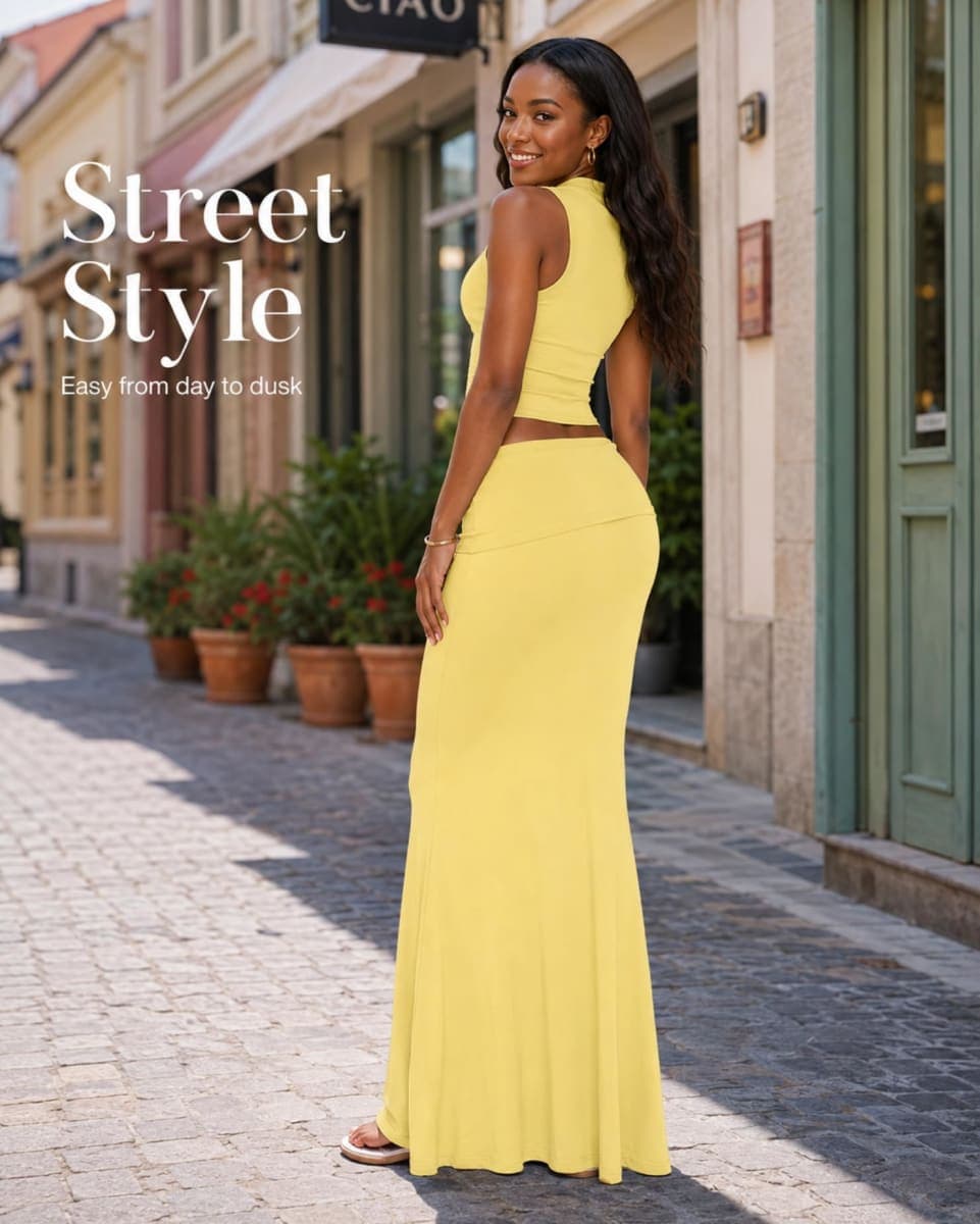 Skirt Sets Women 2 Piece Outfits - Sexy Two Pc Sleeveless Tank Crop Top Fold Over Maxi Long Skirts, Yellow, Small thumbnail 5