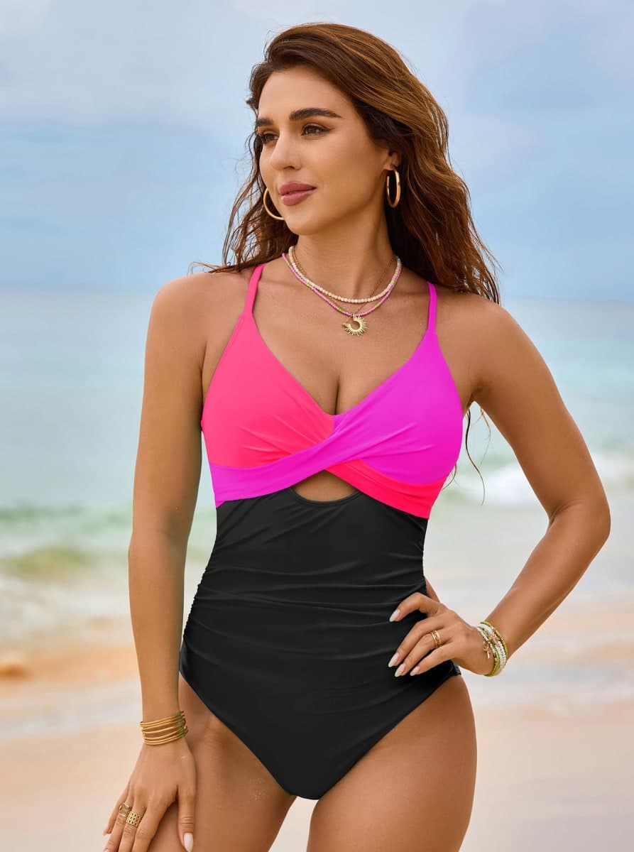popvil One Piece Swimsuit Women 2025 Tummy Control High Waisted Bathing Suit V Neck Swimwear Neon Sexy Cut Out Tie Back Swim Suits,Neon Orange,X-Large thumbnail 2