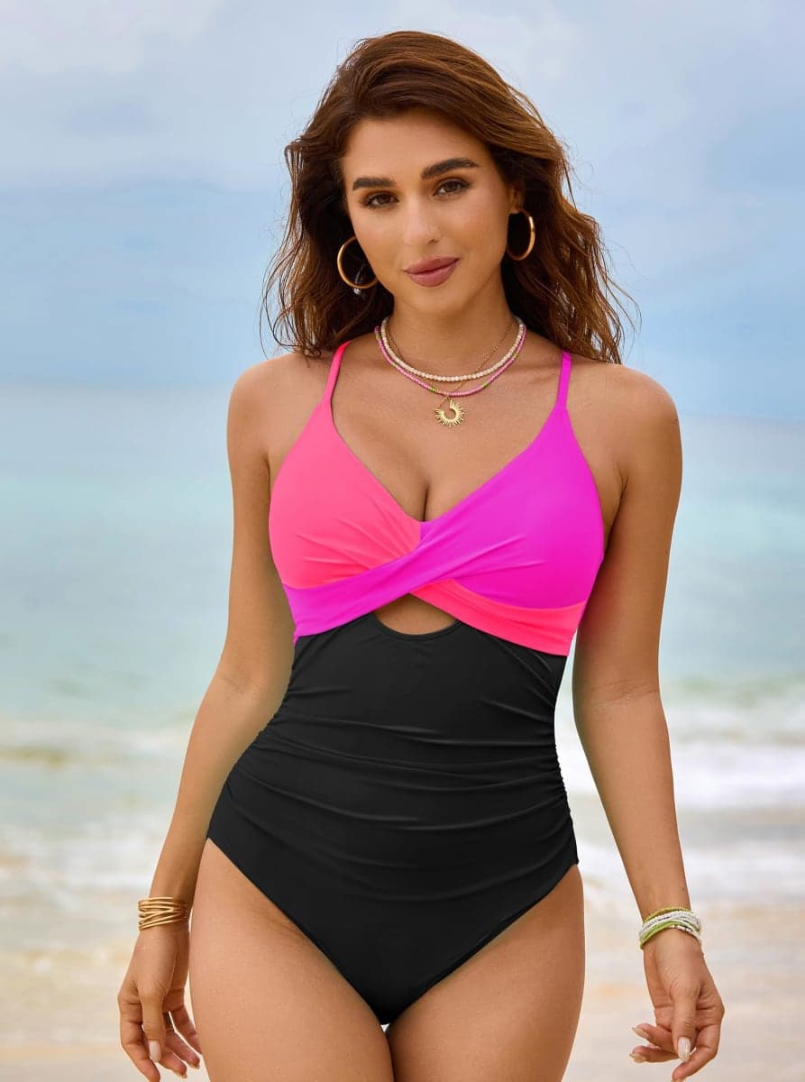 popvil One Piece Swimsuit Women 2025 Tummy Control High Waisted Bathing Suit V Neck Swimwear Neon Sexy Cut Out Tie Back Swim Suits,Neon Orange,X-Large thumbnail 4