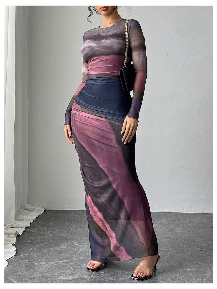 BEAUDRM Women's Fall Wedding Guest Dress Long Sleeve Cocktail Date Night Sexy Y2K Bodycon Ruched Mesh Formal Maxi Dresses, Watermelon Pink, X-Large thumbnail 3