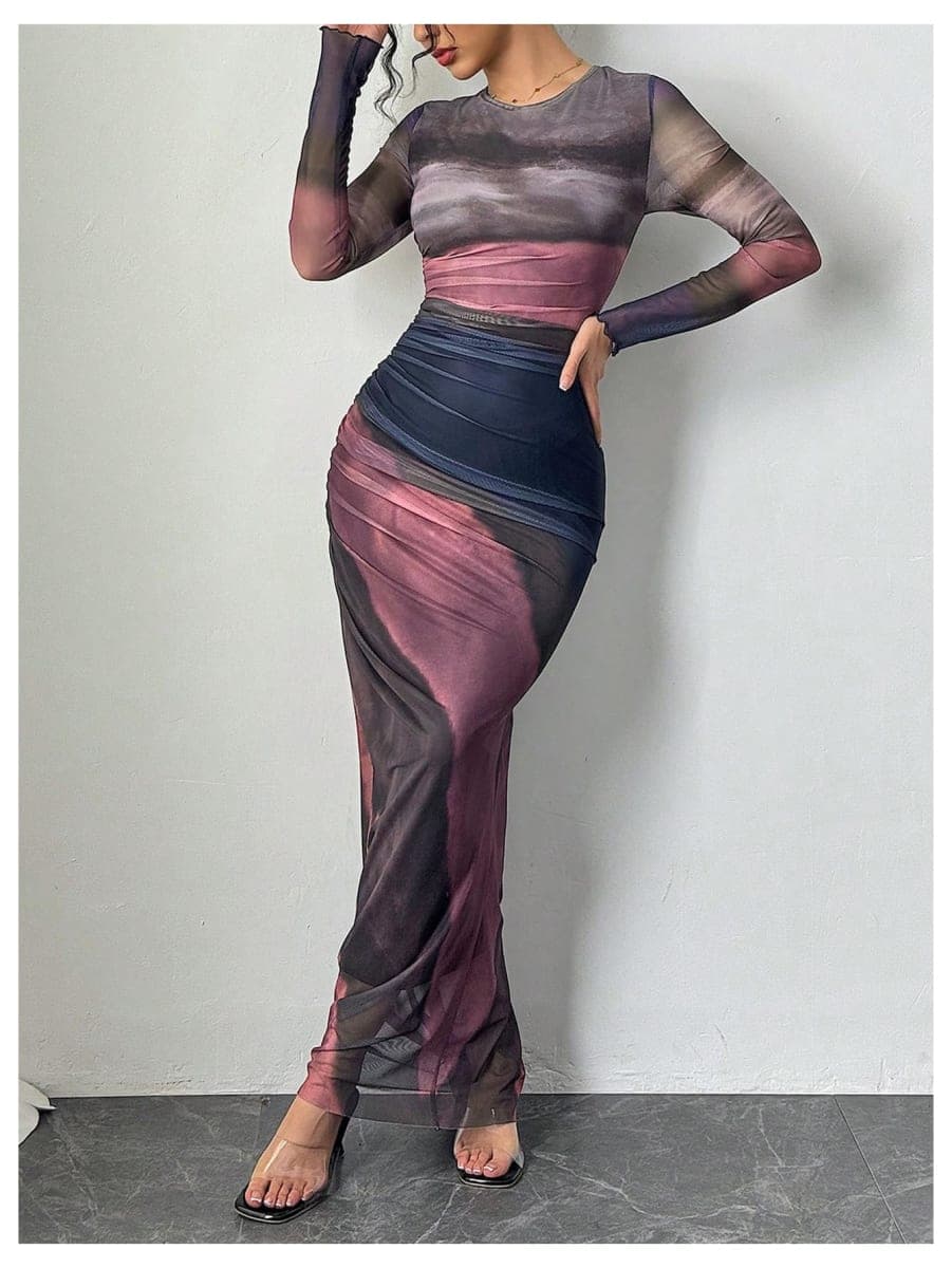 BEAUDRM Women's Fall Wedding Guest Dress Long Sleeve Cocktail Date Night Sexy Y2K Bodycon Ruched Mesh Formal Maxi Dresses, Watermelon Pink, X-Large thumbnail 4