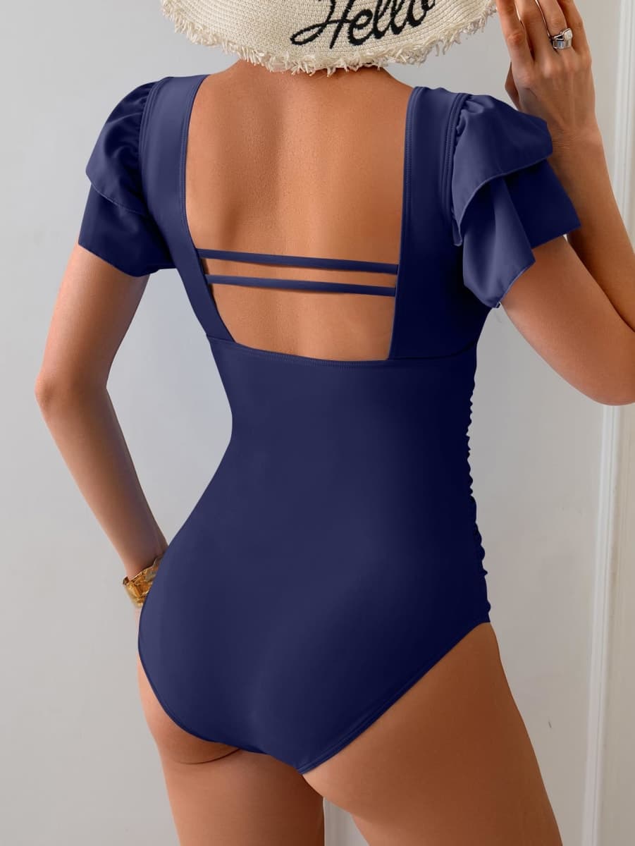 Eomenie Women's Tummy Control One Piece Swimsuit Ruffle Square Neck Bathing Suit Ruched Cutout Back Slimming Swimwear, Navy Blue, XX-Large thumbnail 2