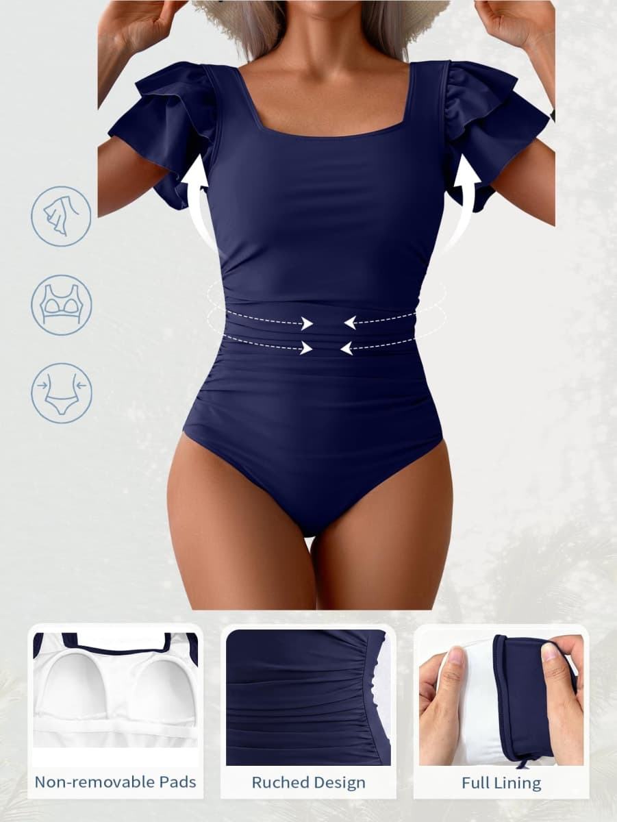 Eomenie Women's Tummy Control One Piece Swimsuit Ruffle Square Neck Bathing Suit Ruched Cutout Back Slimming Swimwear, Navy Blue, XX-Large thumbnail 4