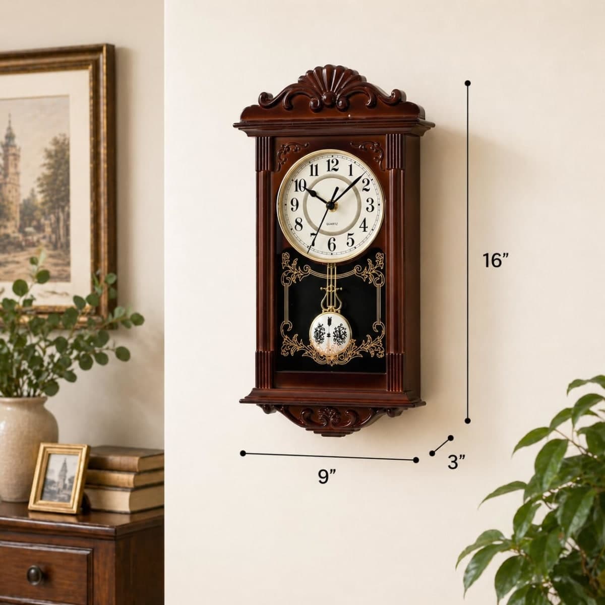 Clockswise Vintage Grandfather Wood-Looking Plastic Pendulum Wall Clock for Living Room, Kitchen, or Dining Room, Brown, QI004145.BN thumbnail 2