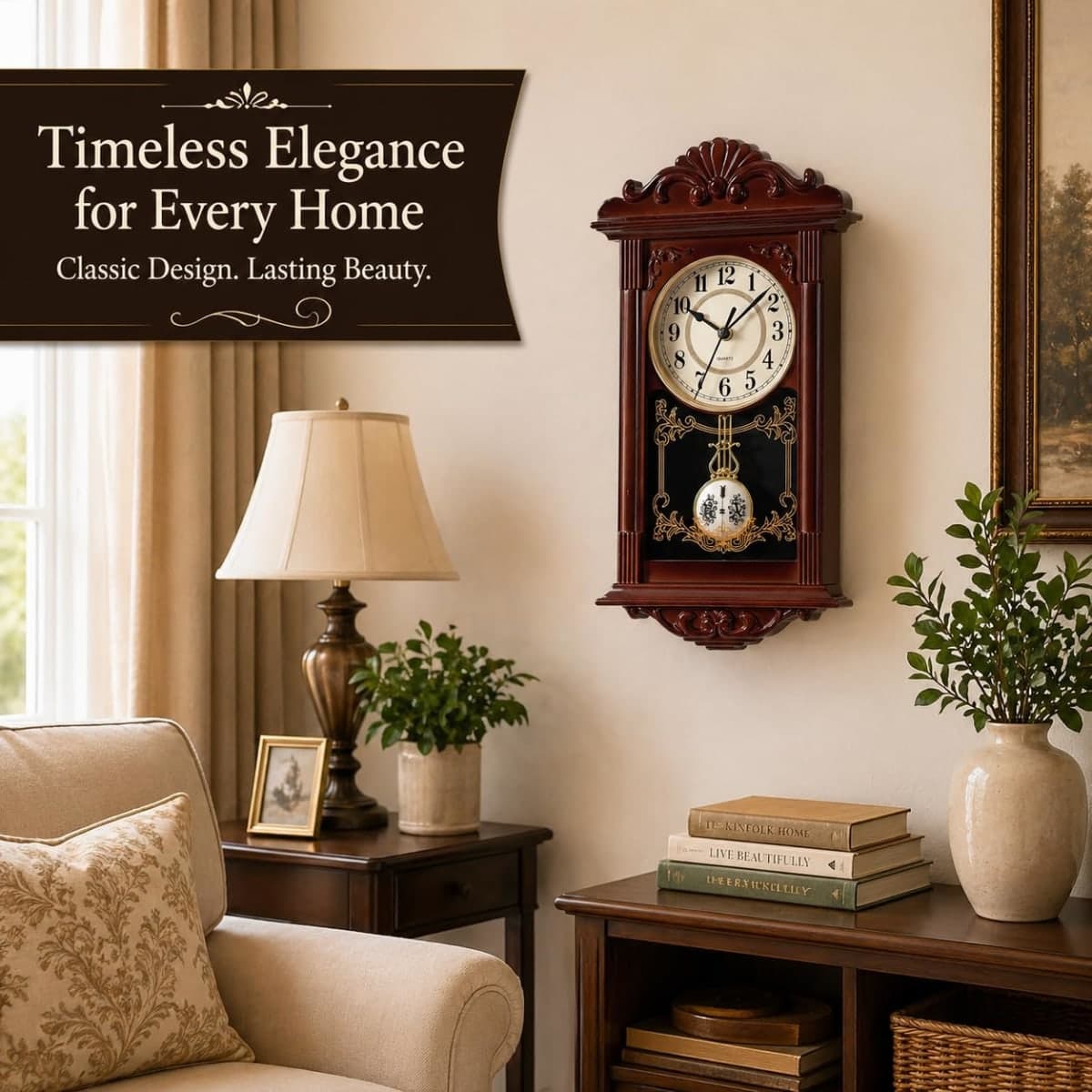 Clockswise Vintage Grandfather Wood-Looking Plastic Pendulum Wall Clock for Living Room, Kitchen, or Dining Room, Brown, QI004145.BN thumbnail 3