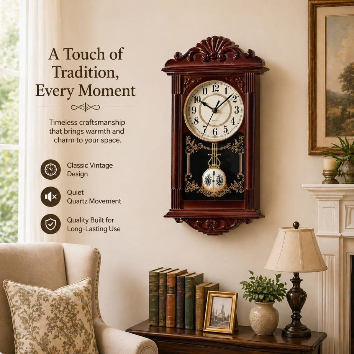 Clockswise Vintage Grandfather Wood-Looking Plastic Pendulum Wall Clock for Living Room, Kitchen, or Dining Room, Brown, QI004145.BN thumbnail 4
