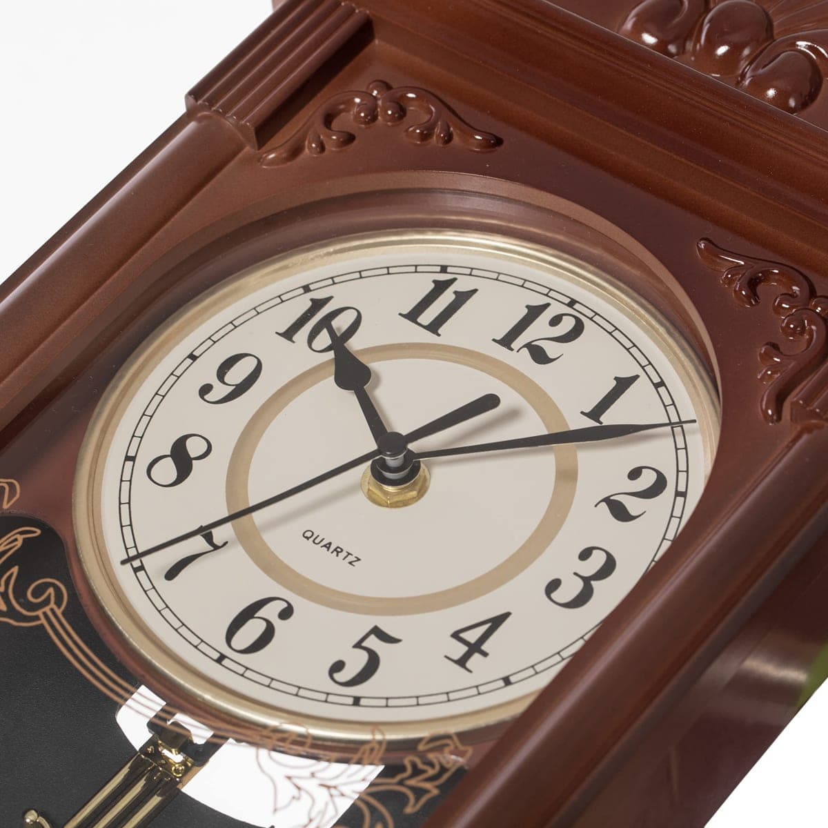 Clockswise Vintage Grandfather Wood-Looking Plastic Pendulum Wall Clock for Living Room, Kitchen, or Dining Room, Brown, QI004145.BN thumbnail 5