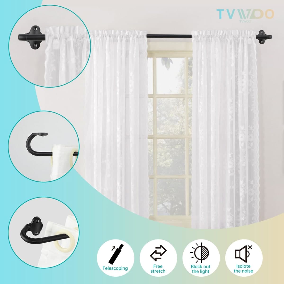 TVWOO Wrap Around Curtain Rods,Black Curtain Rods 28 to 48 Inch,5/8 Inch Adjustable Blackout Curtain Rod Set,Room Darkening Single Window Rod,Metal Thicken Hidden Curved Drapery Rod 28-48",Matte Black thumbnail 2