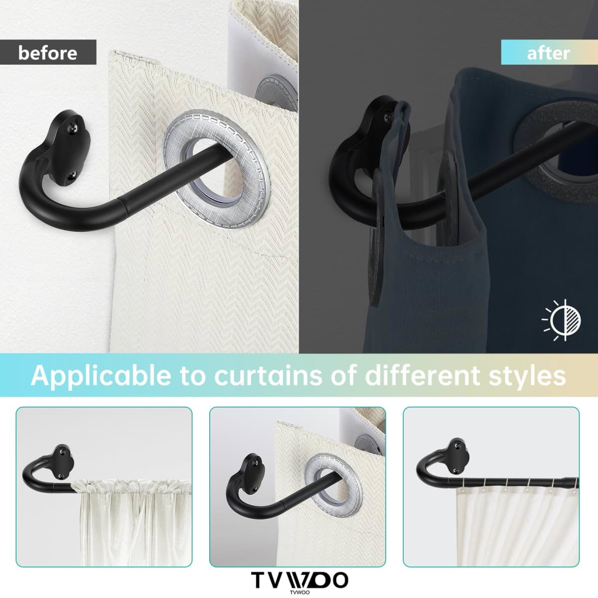 TVWOO Wrap Around Curtain Rods,Black Curtain Rods 28 to 48 Inch,5/8 Inch Adjustable Blackout Curtain Rod Set,Room Darkening Single Window Rod,Metal Thicken Hidden Curved Drapery Rod 28-48",Matte Black thumbnail 3