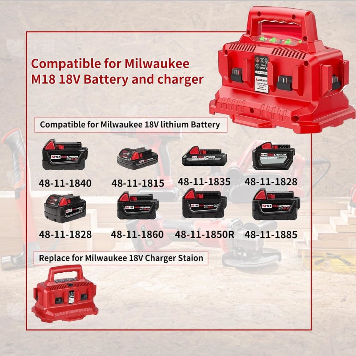 6 Port Battery Charger Station Compatible with Milwaukee M18 18V Batteries, Replacement for 48-59-1806 & 48-59-1804, Sequential Charging with LED Indicators, Select Button and Wall Mount thumbnail 2