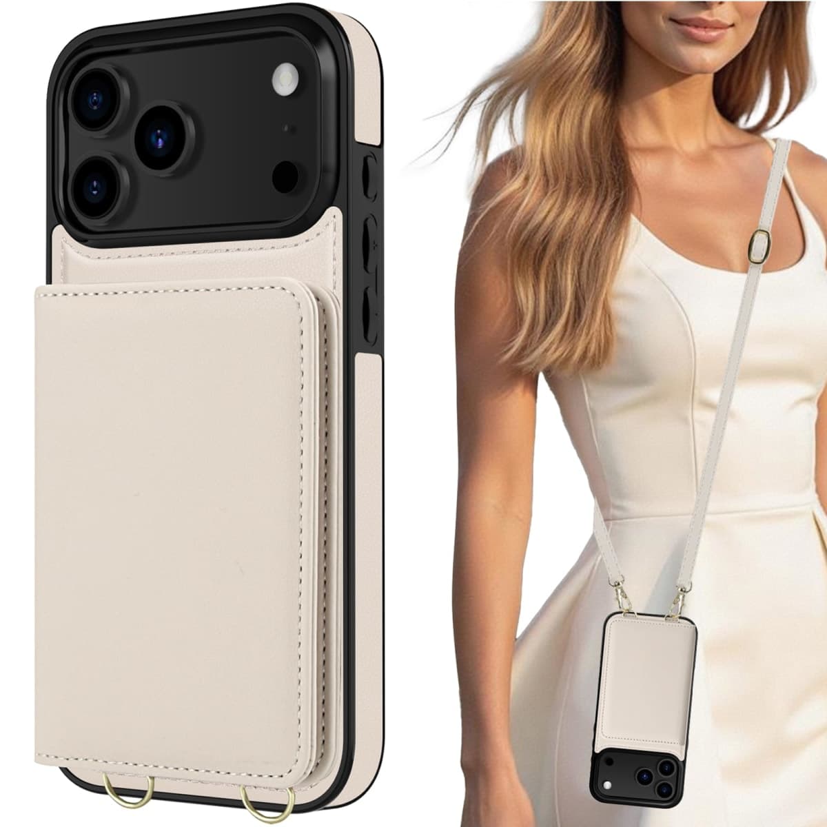LOHASIC for iPhone 17 Pro Max Case Wallet with Detachable Crossbody Strap & Wrist Lanyard, RFID Blocking, 4 Card Slots 2 Cash Pockets, Leather Case with Card Holder for Women Girls, Ivory White — image 1