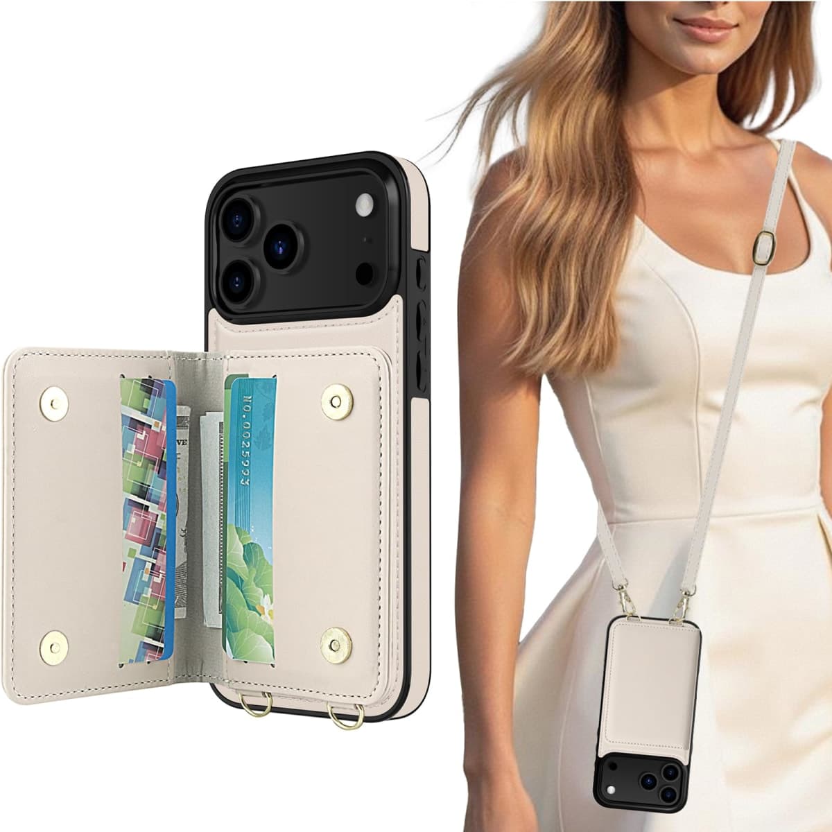 LOHASIC for iPhone 17 Pro Max Case Wallet with Detachable Crossbody Strap & Wrist Lanyard, RFID Blocking, 4 Card Slots 2 Cash Pockets, Leather Case with Card Holder for Women Girls, Ivory White thumbnail 2