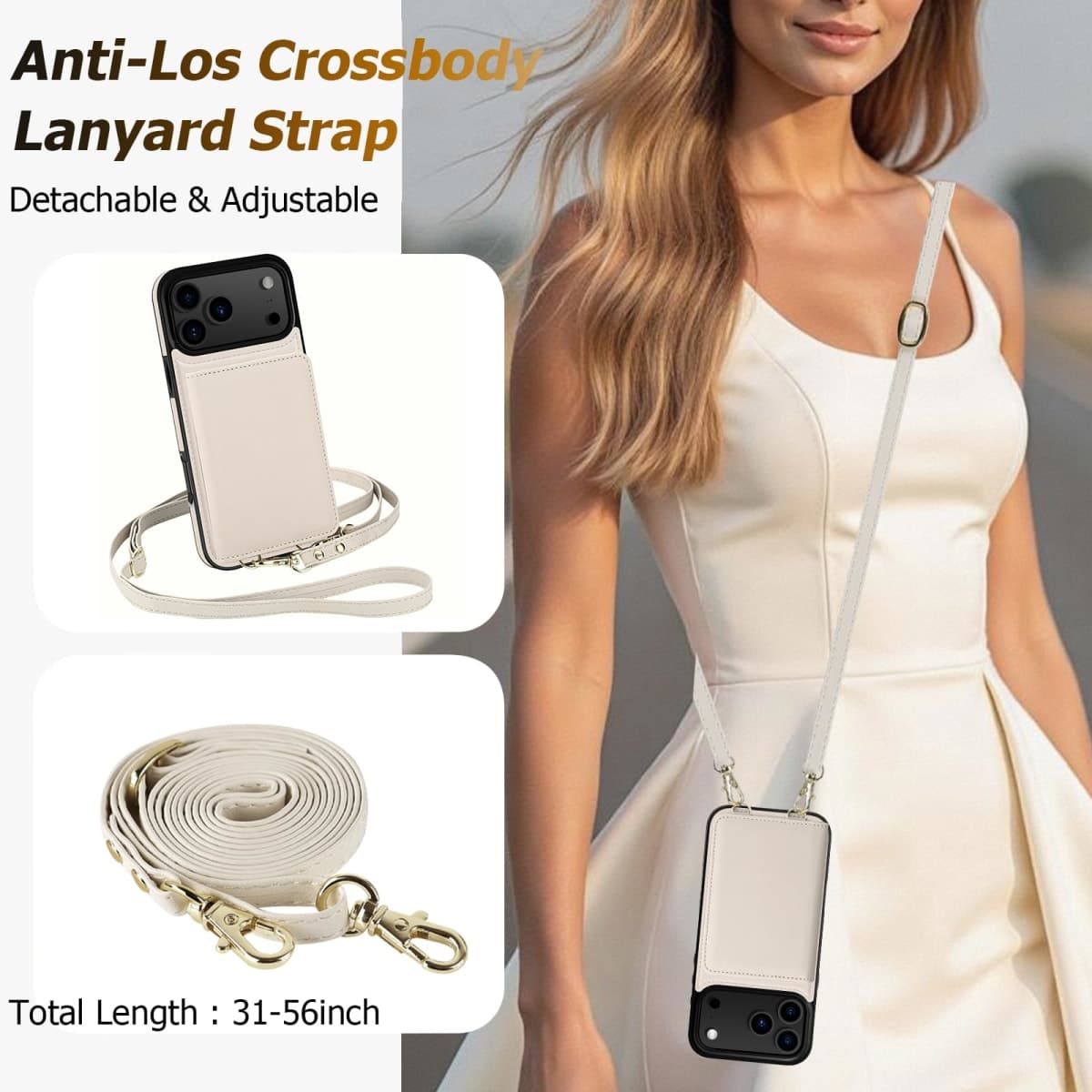 LOHASIC for iPhone 17 Pro Max Case Wallet with Detachable Crossbody Strap & Wrist Lanyard, RFID Blocking, 4 Card Slots 2 Cash Pockets, Leather Case with Card Holder for Women Girls, Ivory White thumbnail 3