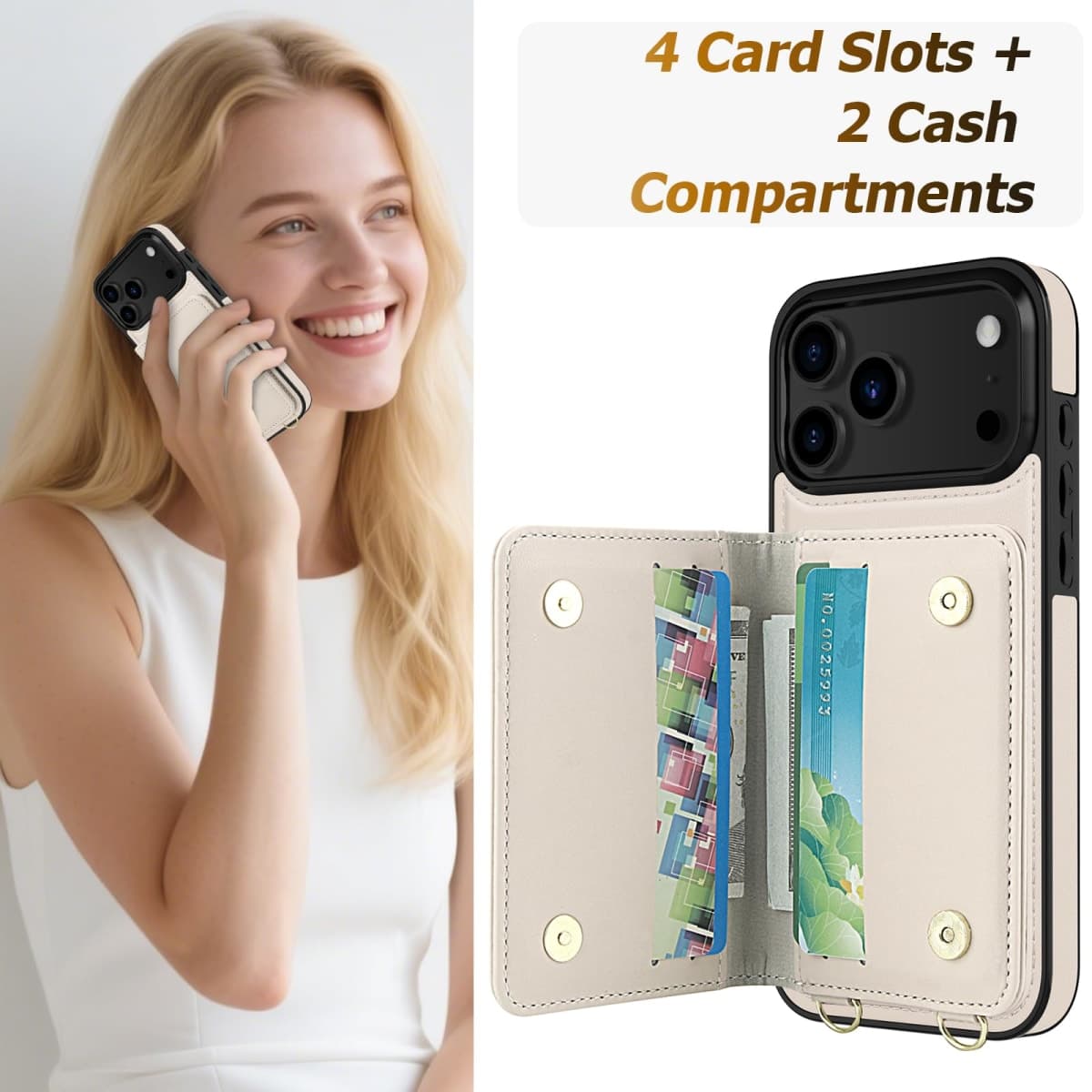 LOHASIC for iPhone 17 Pro Max Case Wallet with Detachable Crossbody Strap & Wrist Lanyard, RFID Blocking, 4 Card Slots 2 Cash Pockets, Leather Case with Card Holder for Women Girls, Ivory White thumbnail 4