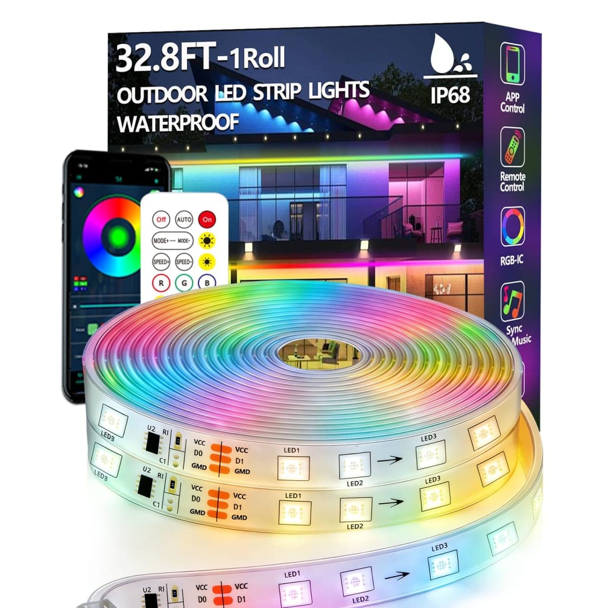 32.8FT Outdoor LED Strip Lights Waterproof,IP68 Outside RGB+IC Light Strip with App/Remote Control,Chase Mode,Music Sync Rope Light for Balcony,Deck,Rooftop,Garden,Pool — image 1