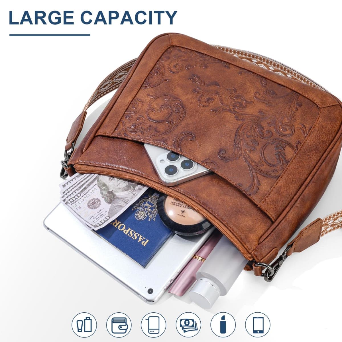 VIMUTI Crossbody Bags for Women,Vegan Leather Crossbody Purse with Adjustable Strap Embossed Flower Women's Shoulder Handbags, 01-brown, 11.2 x 4.3 x 8.9 inches, Classic, Contemporary thumbnail 4