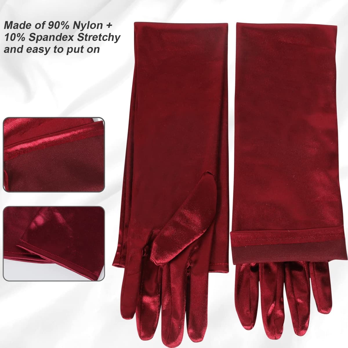 Lansian Women's 22'' Long Satin Gloves White Elbow Length 1920s Opera Bridal Dance Gloves For Evening Party Opera Costume Accessory, Wine Red thumbnail 4