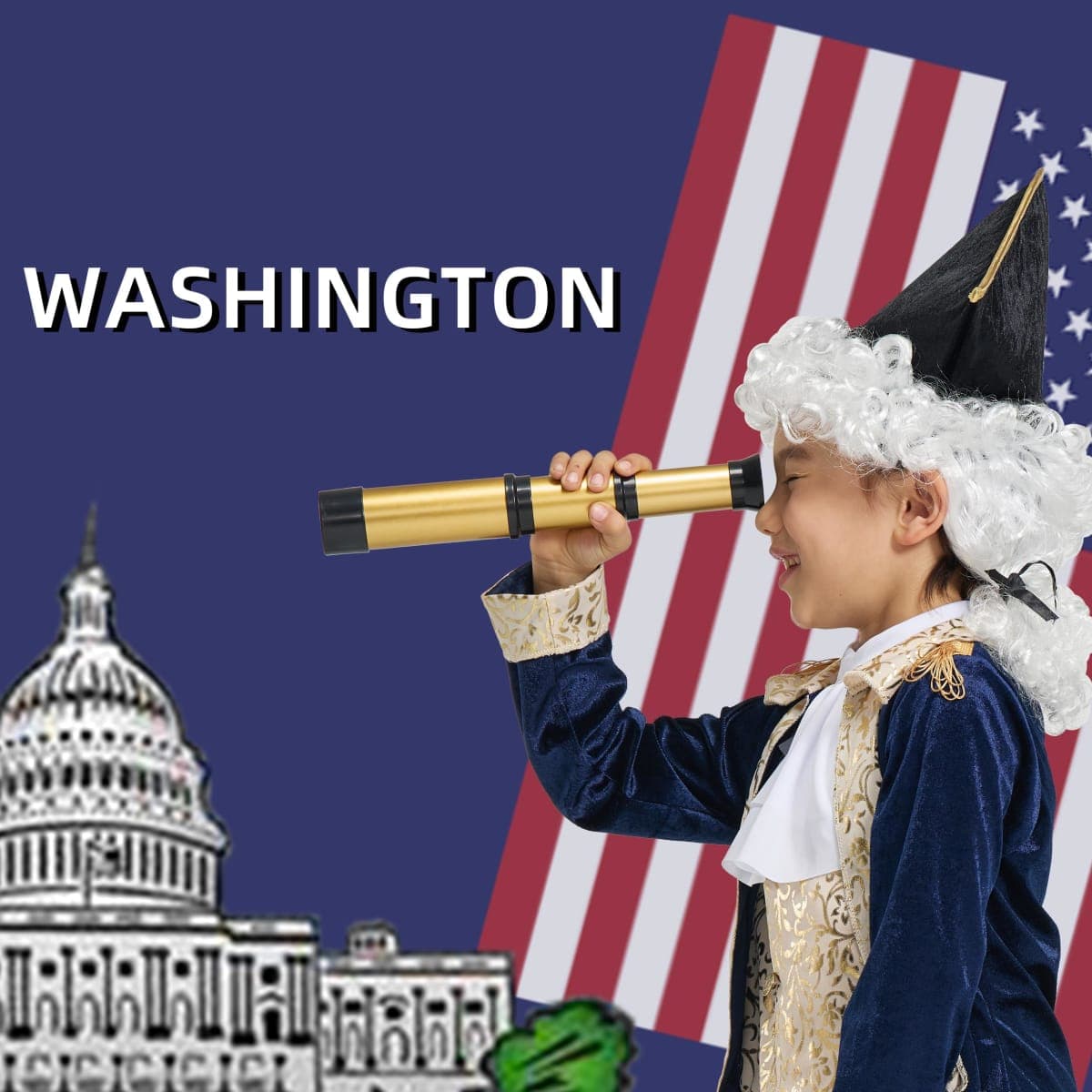 IKALI Kids George Washington Costume With Wig and Hat Accessories, Boys Children Hamilton American Colonial Day Outfit Uniform 7-8 Years thumbnail 2