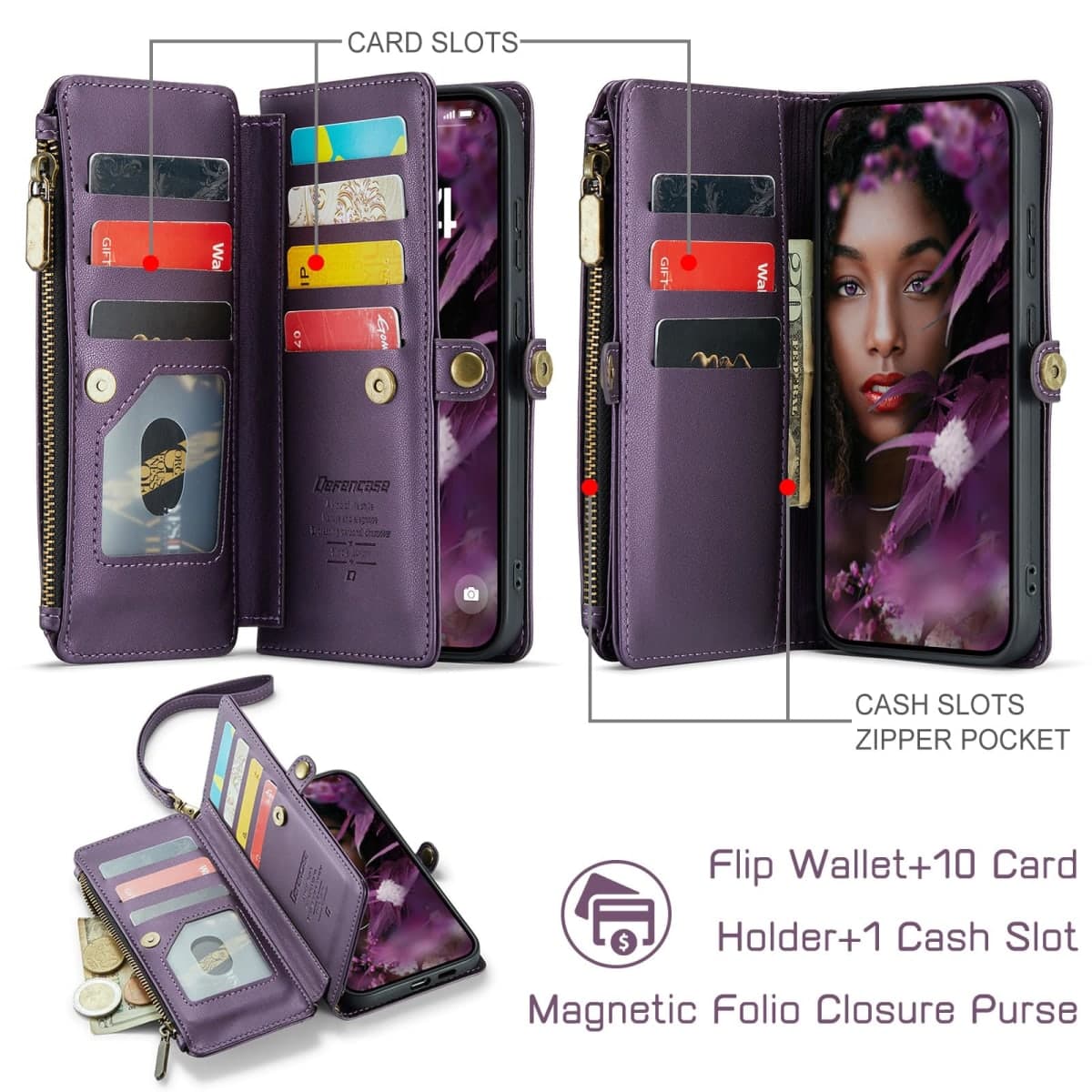 Defencase for Galaxy S25 Plus/S25+ Case Wallet with RFID Blocking Card Holder for Women Men, Elegant Leather Magnetic Snap Flip Strap Zipper Wallet Phone Cases for Samsung Galaxy S25 Plus 6.7", Purple thumbnail 2